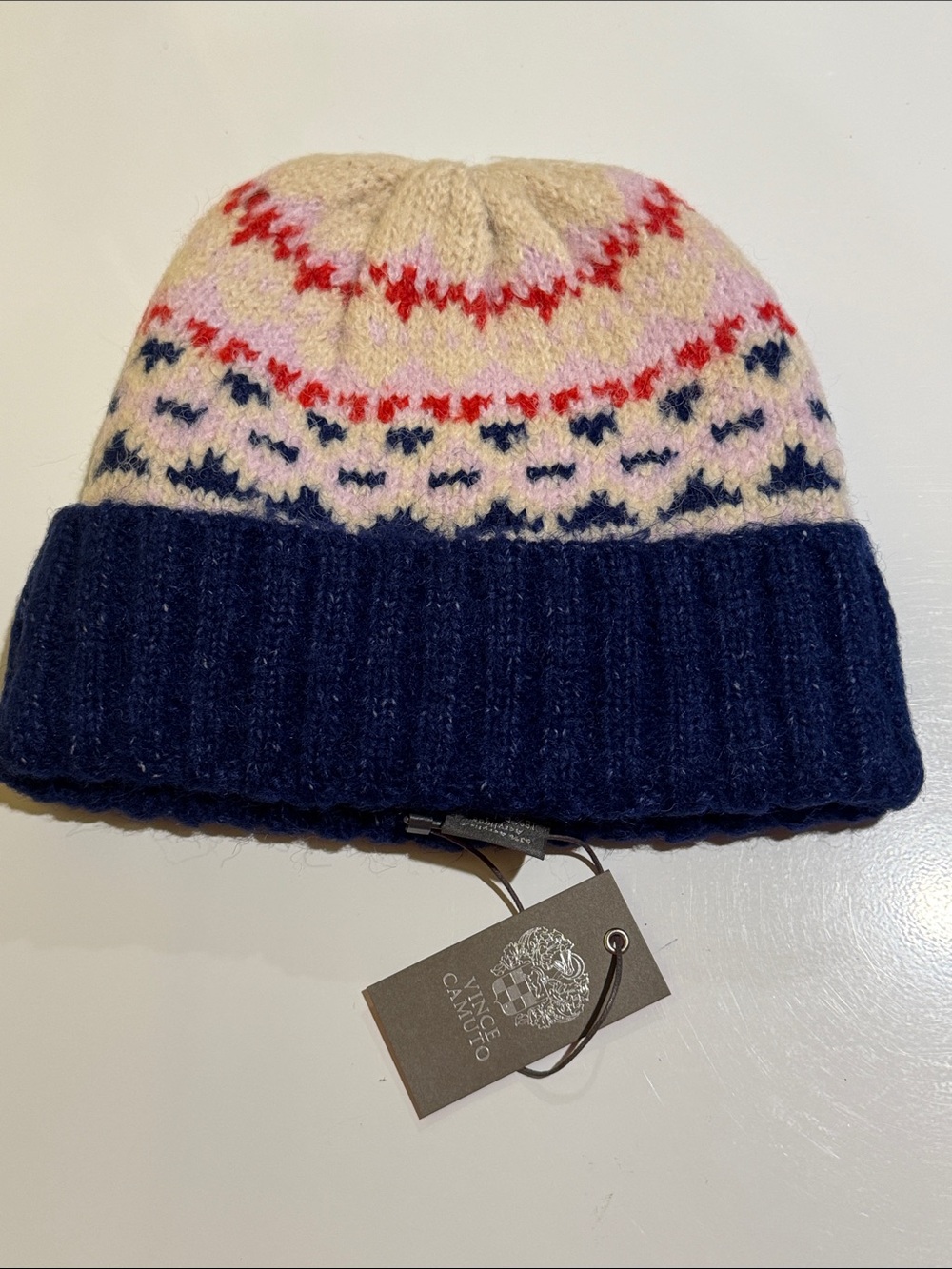Vince Camuto Navy, Cream & Pink Fair Isle Knit Beanie